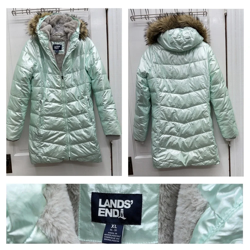 Lands End Girls XL 14 16 Primaloft Iridescent Fur Lined Winter Coat Puffer Green